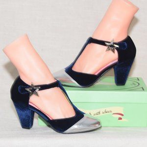 Collectif Lulu Hun Stella Star Velvet Heels New in Original Box US5 Navy Silver